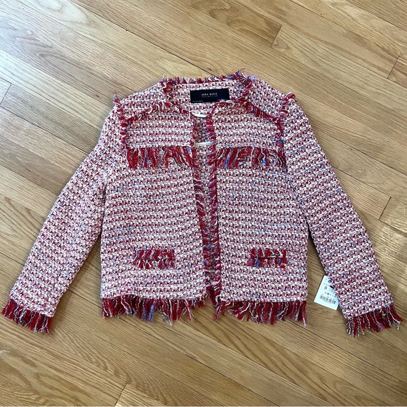 ZARA Basic Collection Red Tweed Fringe Jacket (Small) NWT - Picture 2 of 6